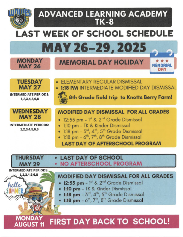 Last Week of School Schedule English